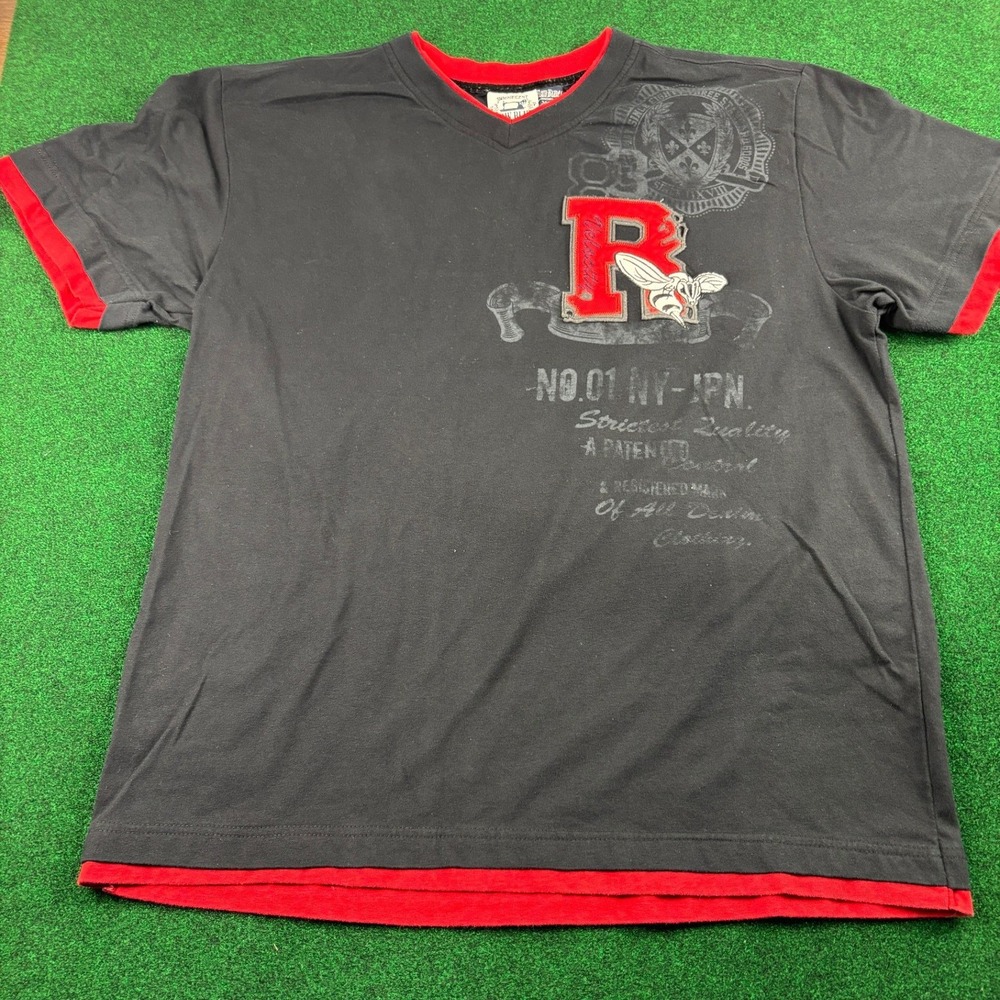 Raw Blue Graphic Tee T Shirt V Neck Red Trim Bee R Logo Mens 2XL